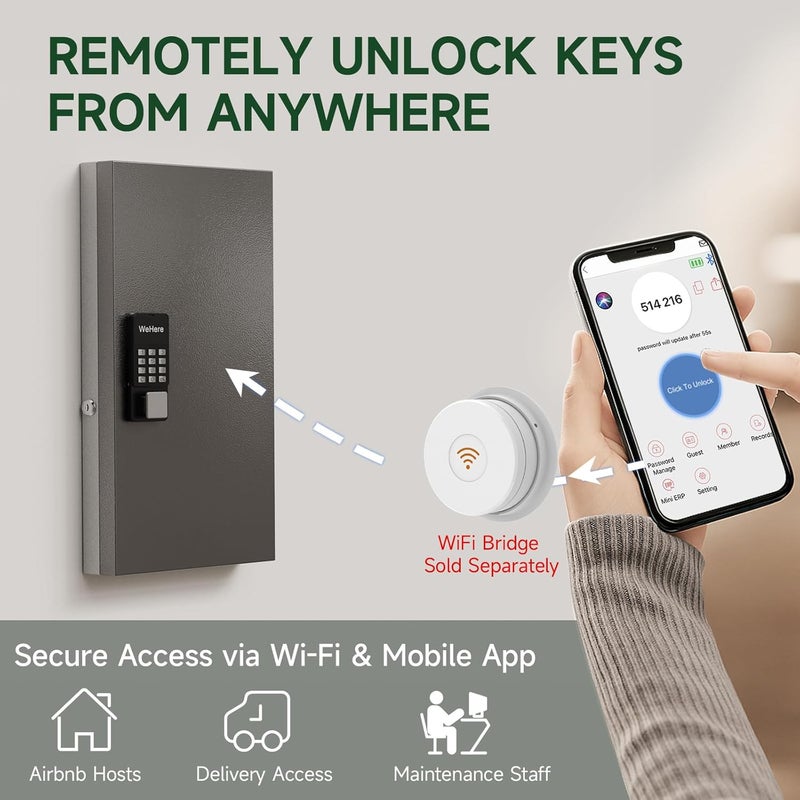 WeHere Smart Key Lock Box Wall Mount, 48 Key Cabinet with Bluetooth, 5-Ways Unlocking App Customizable Passwords, Key Organizer Holder Box, Efficient Key Management for Office, Realtor, Hotel, School - Image 4
